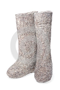 Felt boots gray on white background