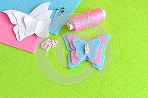 Felt butterfly, paper templates, thread, needle, pins, beads. Sewing set, tutorial