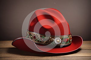 Felt tyrolean hat on a table. Ocktoberfest bavarian red hat