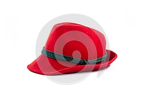 Felt Tyrolean hat on white. Ocktoberfest Bavarian red hat