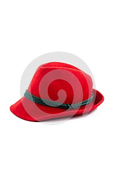 Felt Tyrolean hat on white. Ocktoberfest Bavarian red hat