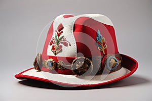 Felt tyrolean hat on white. Ocktoberfest bavarian red hat