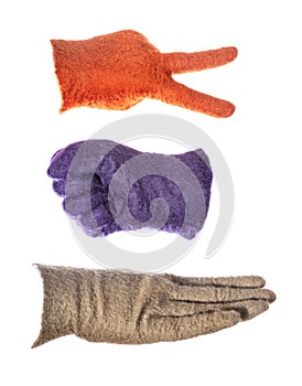 Felted gloves show elements of rock-paper-scissors