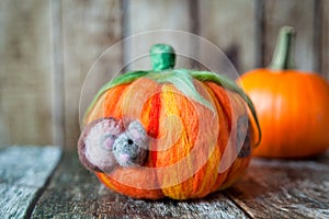Felted pumpkin house for a cute plush mouse
