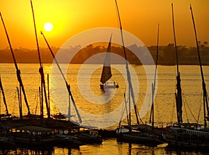 Felucca boats at the harbor at sunset, Luxor