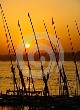 Felucca boats at the harbor at sunset, Luxor