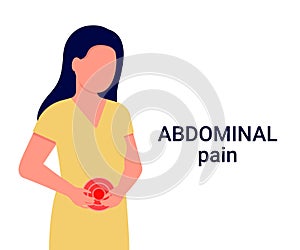 Female abdominal pain. Woman holds her hands on her stomach. Stomach ache. Internal discomfort. Stomach, bowel or gynecological