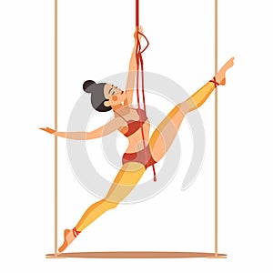 Female acrobat performing aerial silks, demonstrating flexibility strength. Artistic performer red