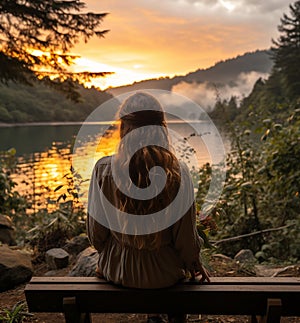 Female adult enjoying the peaceful sunset by the lake from a wooden bench, AI-generated.