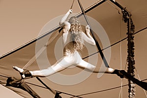 Female Aerial Acrobat Doing Splits