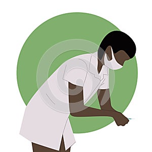 Female afro nurse wearing uniform holds a syringe to do an injection vector illustration