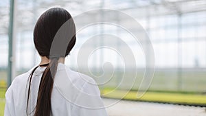 Female agricultural enginee with tablet computer walking along greenhouse, examining state of plants and passing by farm