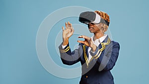 Female aircrew member using virtual reality goggles
