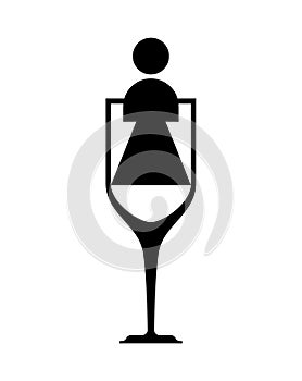 Female alcoholism sign. Girl and alcohol bottle icon. Concept illustration of logo woman and wine. Incurable disease for women