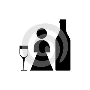 Female alcoholism sign. Girl and alcohol bottle icon. Concept illustration of logo woman and wine. Incurable disease for women