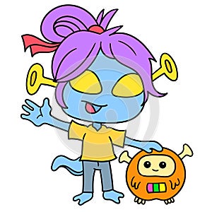 The female alien is waving her pet creature to say hello, doodle icon image kawaii