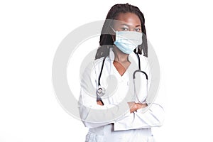 Female american african doctor, nurse woman wearing medical coat with stethoscope and mask. Happy excited for success medical