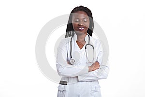 Female american african doctor, nurse woman wearing medical coat with stethoscope and tablet in poket. Happy excited for success