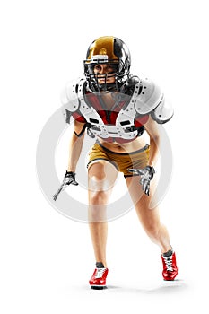 female american football player in uniform and jersey T-shirt posing with helmet isolated on white background