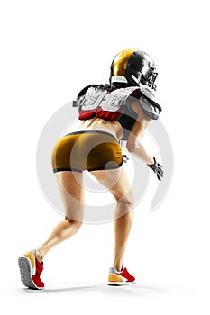 female american football player in uniform and jersey T-shirt posing with helmet isolated on white background