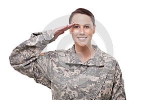 Female American soldier saluting