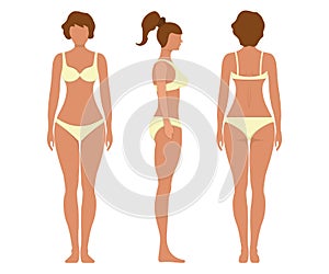 Female anatomy human character, woman people dummy front and view side body silhouette, isolated on white, flat vector