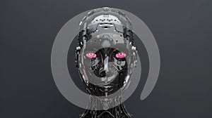 A female android face on a dark background, Ai Generated