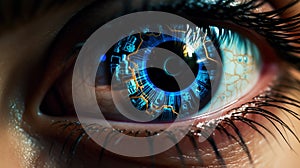 Female android robot eye close up. Digital iris of cyber woman. Bionic technology concept. Generative AI