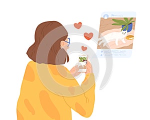 Female animal lover sharing photo of cat at social network vector flat illustration. Woman blogger making post to
