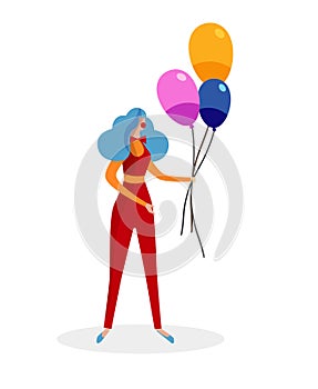 Female Animator in Red Clown Costume with Balloons