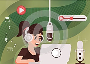 Female announcer with radio microphone and earphones