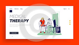 Female Applying Cryotherapy Wellness Procedure Landing Page Template. Doctor with Processing Woman Legs with Nitrogen