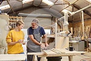 Female Apprentice Learning Skills From Mature Male Carpenter In Furniture Workshop