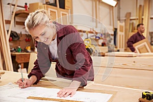 Female Apprentice Working With Plans In Carpentry Workshop