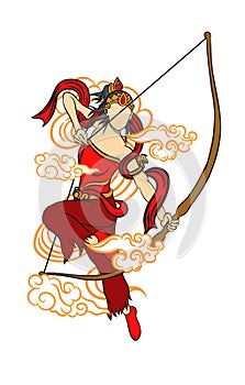 a female archer in a red dress flying with white clouds accented for design t-shirts or poster costumes