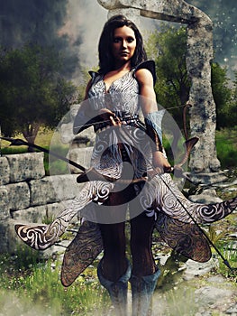 Female archer standing in forest ruins