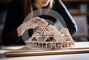 A female architect is working on an architectural model of her design. she uses natural materials such as wood or paper