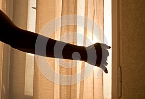 Female arm reaching out to open a curtain