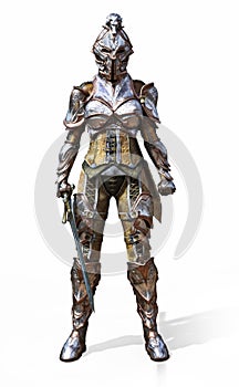 Female armored knight with sword on an isolated white background.