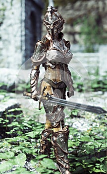 Female armored knight with sword on patrol.