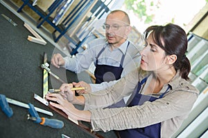 Female artisan working on wooden picture frame