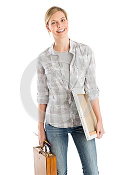 Female Artist With Wooden Case And Canvas Smiling