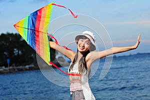 Female asia girl Tourist playing at the beach photo