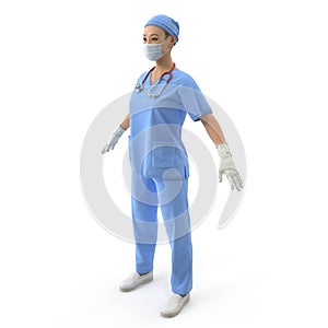 Female Asian doctor wearing a blue coat and stethoscope. Isolated on white. 3D illustration