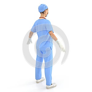 Female Asian doctor wearing a blue coat and stethoscope. Isolated on white. 3D illustration