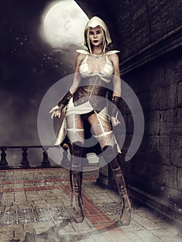 Female assassin on a gothic balcony