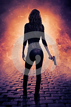 Female assassin holding a gun in front of an explosion