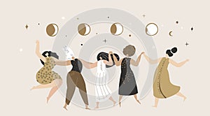 Female Astrological Festival Space.Women Astrologists Dancing under Moon Phases. Ritual dance together.Esoterics Sacred Woman photo