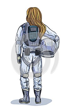 Female astronaut with helmet in hand, back view