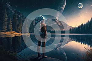 A female astronaut stands by a lake and looks at the stars created with generative AI technology